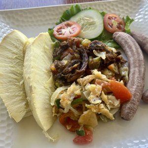 Creole breakfast - breadfruit, plantains, salt cod, and herring.  Delicious!