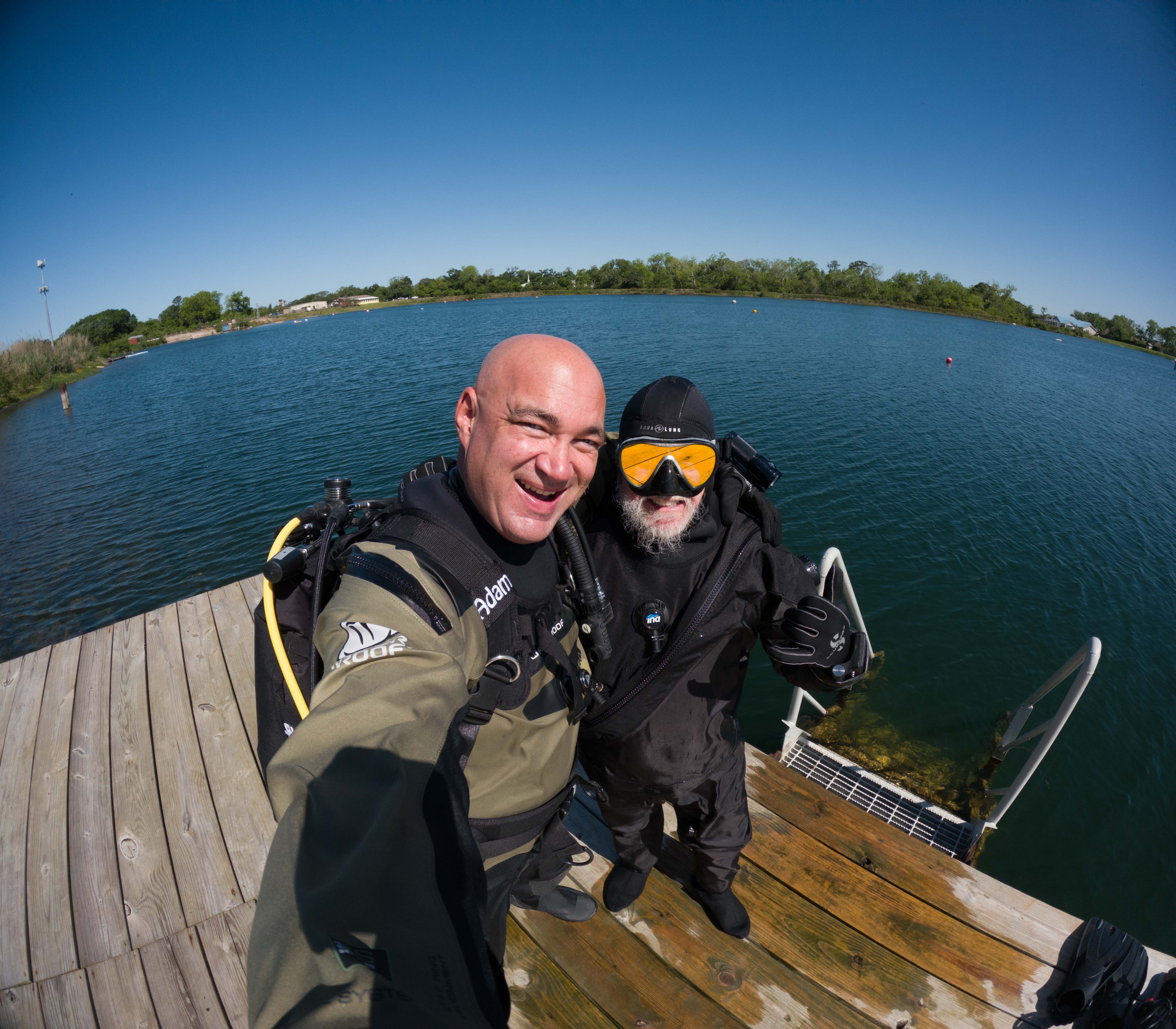 AdamBOM and VikingDiverTX laugh at the 63 degree waters as they are both wearing dry suits