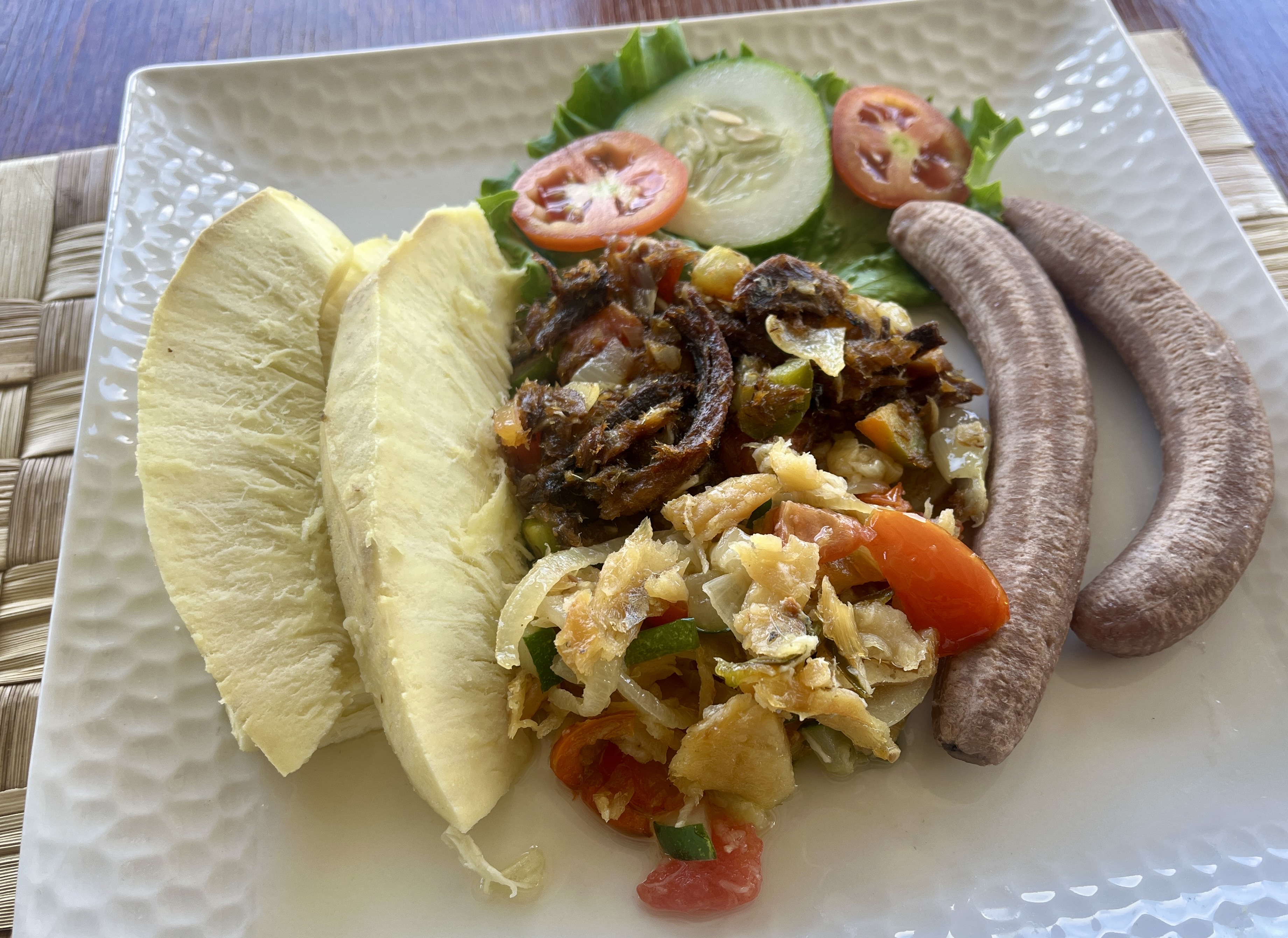 Creole breakfast - breadfruit, plantains, salt cod, and herring.  Delicious!